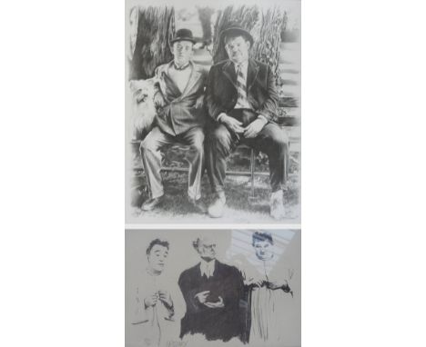 After DAVID BROWN; a signed limited edition black and white print, Laurel and Hardy seated on a park bench, signed, 13/850, 5