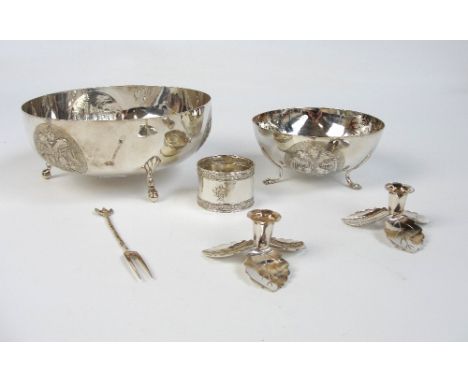 A group of Cypriot 800 grade silver, comprising a circular bowl raised on three supports, diameter 18cm and a similar smaller