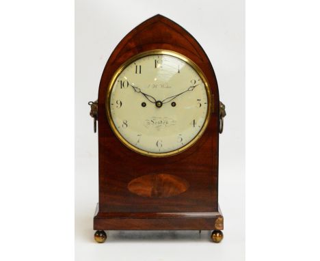 JH WICKES, LONDON; an early 19th century mahogany and inlaid cased lancet shaped eight day repeating bracket clock, the circu