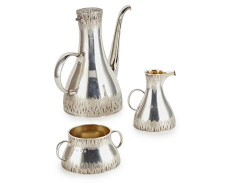 [§] CHRISTOPHER NIGEL LAWRENCE (BRITISH, B.1936)THREE PIECE COFFEE SET, LONDON 1972 comprising a coffee pot, cream jug and tw