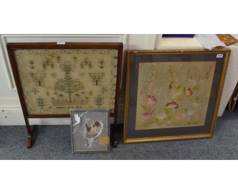 19th century Adam and Eve sampler, later framed in a firescreen, alphabet sampler by Margaret Thompson dated 1860, framed sil