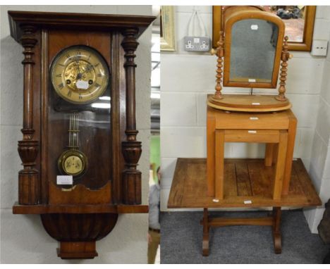 Nest of two oak tables, modern; Victorian dressing table mirror; an oak coffee table and Vienna type striking wall clock