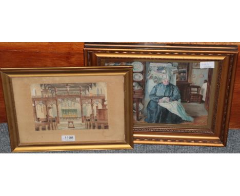 British School (19th century) An elderly lady seated in a parlour, oil on panel; together with a watercolour depicting ''Scre