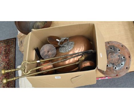 A box of brass and copper wares to include a copper meat dome; fitre tools etc (14) 