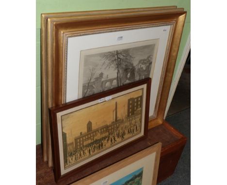 A pair of gilt framed French engravings, after Watteau named L'Hiver and L'Automne and a reproduction print after Lowry (3) 