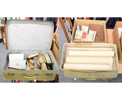Assorted drawing, artists materials including sheets of gold leaf and related brushes and tools, small desk microscope in fit