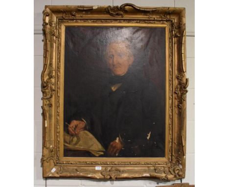 W Weir (19th Century), Portrait of a gentleman, half length, in a black coat, holding glasses, oil on canvas, signed and date