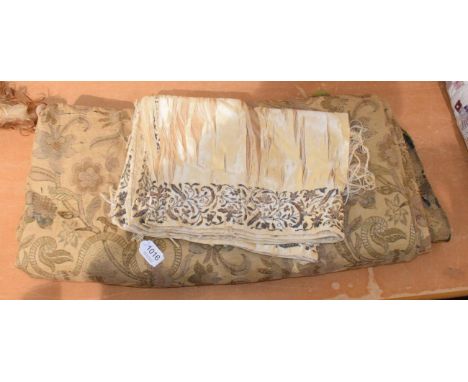 Cream satin panel with silvered embroidery and late 19th century floral woven curtain (2)