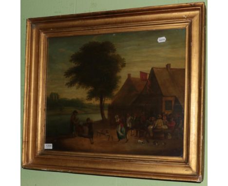 Dutch School (19th Century) Figures dancing and drinking outside a tavern, oil on panel, possibly initialled to wine bottle l