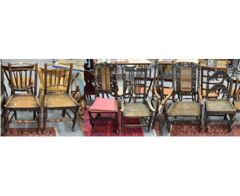 Six 18th/19th century chairs comprising: an 18th century carved oak chair; an 18th century carved and caned armchair; a bobbi