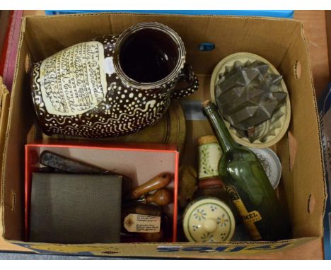 Large slipware salt pig, named Lily Borrowdale, Newgate, Barnard Castle, 1890 (a.f.); manicure set cased, two bread boards, p
