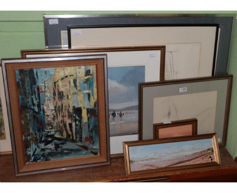 A group of 20th century paintings and prints, to include two small oils ''Appledore Quay'' and ''The Taw and Torridge Estuary