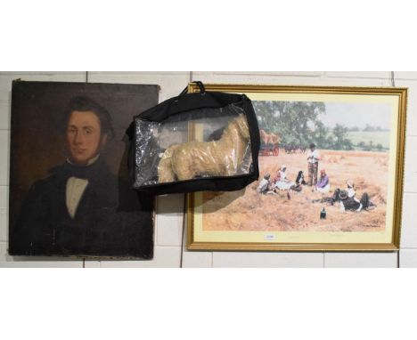 A Victorian portrait of a gentleman, unframed oil on canvas; David Shepherd ''The Lunch Break'', signed, limited edition, pri
