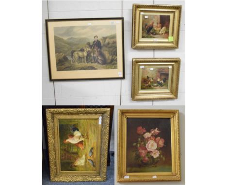 English School (19th century) Cockerel &amp; Chickens, a matched pair, indistinctly signed, oil on board, 24cm by 29cm; toget