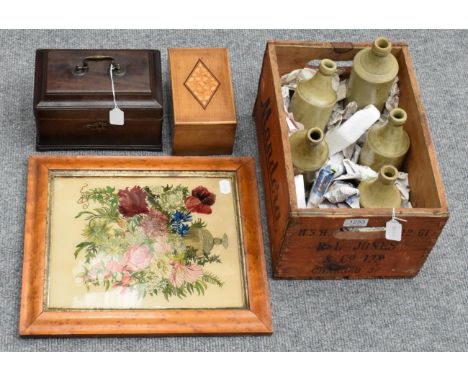 A George III tea caddy; a parquetry decorated caddy; a painting under glass; and five stoneware bottles  