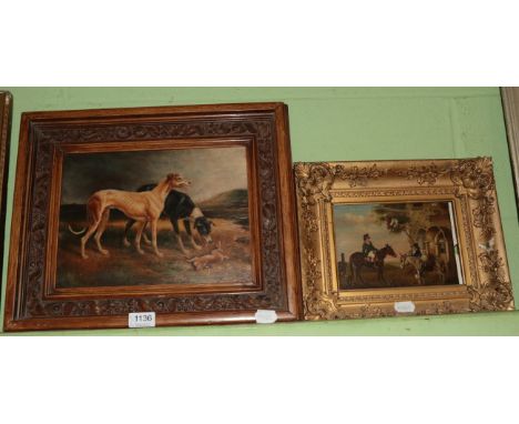 English School (18th century) Figures, horse &amp; donkey outside cottage, oil on panel, 14cm by 20cm; with English School (1