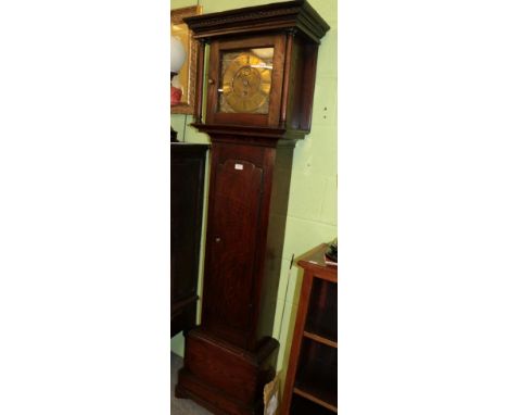 An oak thirty hour longcase clock, the square brass dial with chapter ring signed Geo Dent, Kirby Stephen 1734, single hand, 