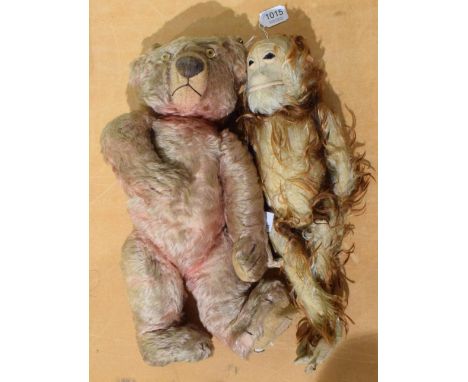 Schuco two tone jointed monkey with felt hands and feet, 43cm; and a Chad Valley pink plush jointed teddy bear, with stitched