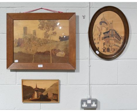 Charles Spindler (1865-1938) Marquetry panel depicting a castle, signed, with two others (3)