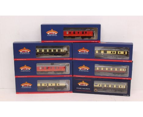Bachmann: A collection of seven boxed Bachmann, OO Gauge coaches to comprise references: 39-263, 39-179B. 34-056A, 39-184A, 3