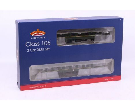 Bachmann: A boxed Bachmann, OO Gauge, Class 105 Two Car DMU BR Green with Half Yellow Ends, Reference 31-327. Original box, g