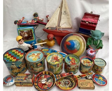 Tinplate: A collection of assorted vintage tinplate toys to include Chad Valley Wee-Kin stacking tins, Betel cash register (d