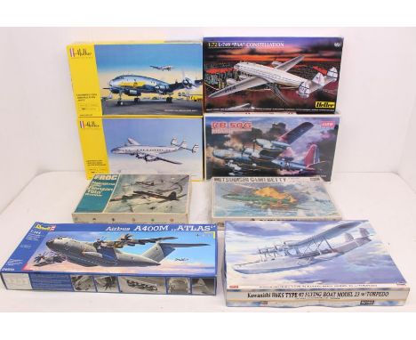 Model Kits: A collection of eight assorted boxed aircraft model kits, to include: Heller, Hasegawa, Frog, Revell, and Academy