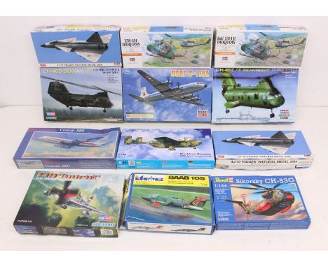 Model Kits: A collection of assorted boxed aircraft model kits, to include: Minicraft, Hasegawa, Mikr Mir, Hobbyboss, Revell,