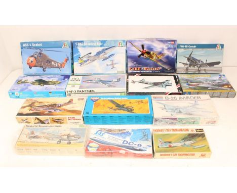 Model Kits: A collection of fourteen assorted boxed aircraft model kits, to include: Mikr Mir, Italeri, Hobby Boss, Special H