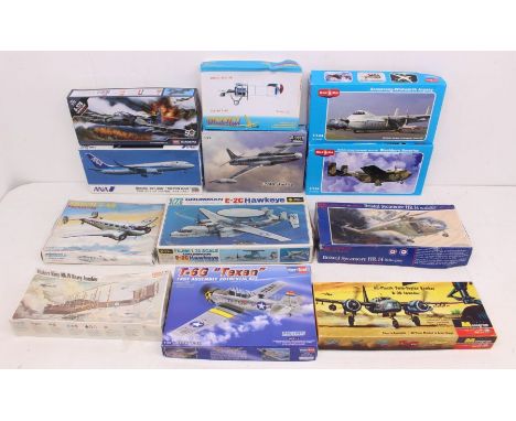 Model Kits: A collection of assorted boxed aircraft model kits, to include: Hasegawa, Academy, Monogram, Sword, Fayimi, Glenc