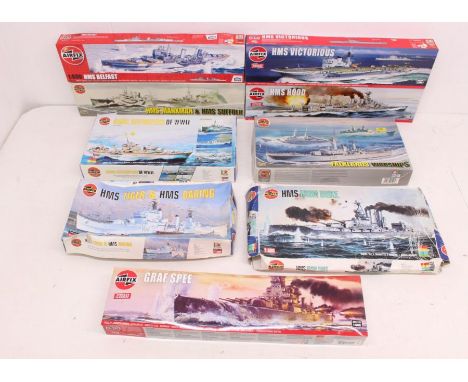 Airfix: A collection of assorted boxed Airfix ship model kits, to include: HMS Hood, HMS Belfast, HMS Victorious, Naval Destr