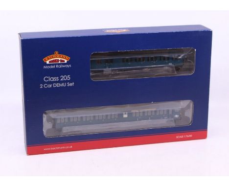 Bachmann: A boxed Bachmann, OO Gauge, Class 205 (2H) Two Car DEMU BR Blue Full Yellow Ends (Weathered), Reference 31-238A. Or