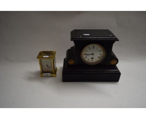 BAYARD BRASS CASED CARRIAGE CLOCK TOGETHER WITH A FURTHER MANTEL CLOCK IN EBONISED WOODEN CASE (2)