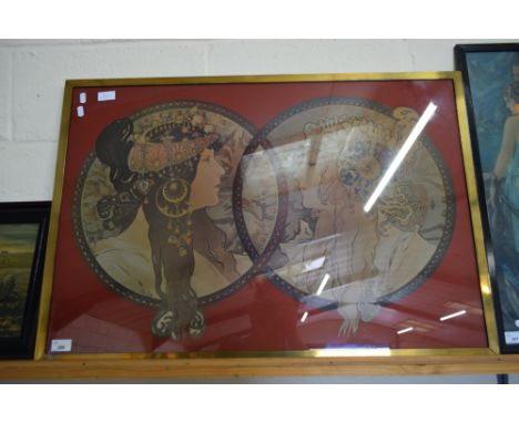 ALFONS MARIA MUCHA, COLOURED PRINT, TWO FEMALE FIGURES, F/G