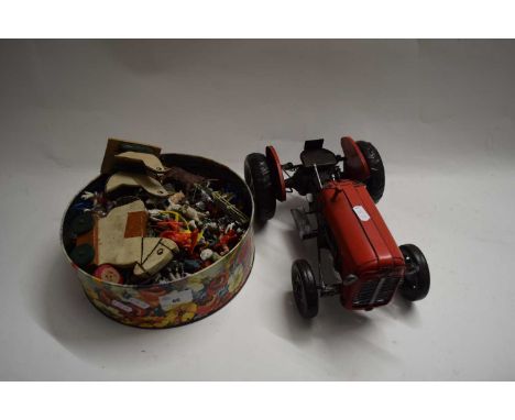 TIN CONTAINING COLLECTION VARIOUS CLASSIC FARM ANIMALS, METAL MODEL TRACTOR AND OTHER TOYS