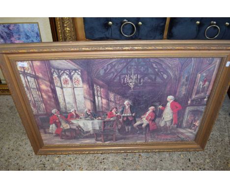 COLOURED PRINT, INTERIOR SCENE, GILT FRAMED, 105CM WIDE