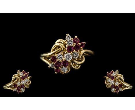 Ladies - Expensive 1980's 18ct Gold Ruby and Diamond Set Cluster Ring. Hallmark London 1988. Marked 18ct - 750 to Interior of