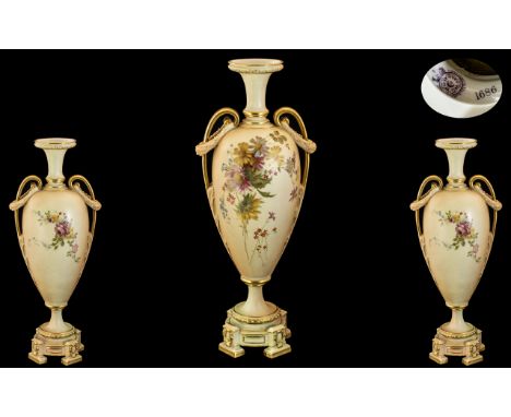 Royal Worcester - Hand Painted Blush Ivory Twin Handle Urn Shaped Tall Vase. Decorated with Painted Images of Summer Flowers.