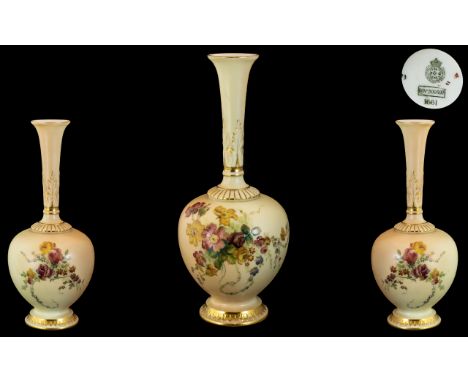 Royal Worcester Hand Painted - Blush Ivory Large Specimen Vase. Decorated with Painted Images of Summer Flowers On Ivory Grou