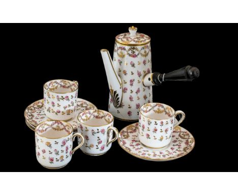 Copeland Spode Porcelain Coffee Set, No. 4603, comprising an unusual coffee pot with side handle for pouring, four coffee can
