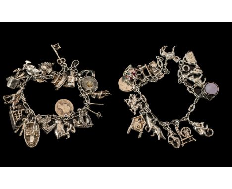 A Fine Pair of Vintage Sterling Silver Charm Bracelets Loaded with 35 Silver Charms of Good Quality, Various Subjects All Mar