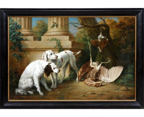 UNSIGNED, ITALIAN OIL ON CANVAS, H 37", W 57"Dogs and fowl, with Roman ruins in the background.  In an ebonized and gilt fram