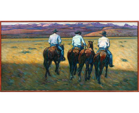 HOWARD  E. POST, OIL ON CANVAS H 35" L 72" THREE RANCHERSThree cowboys in Texas landscape. Contemporary American artist born 