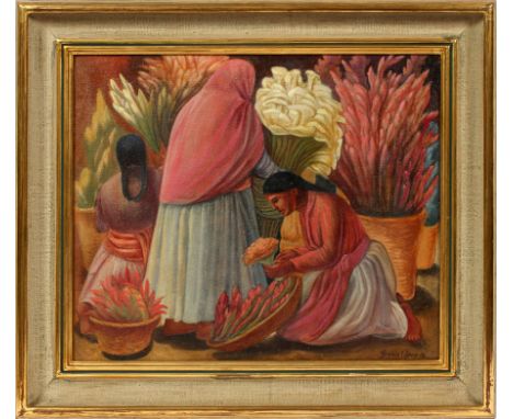 FROYLAN OJEDA (MEXICAN, 1932-1991), OIL ON CANVAS, 1955, H 20", W 24", "FLOWERS AT THE MARKET"Signed and dated lower right; f