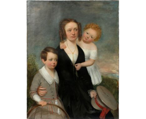 AMERICAN FAMILY PORTRAIT OIL ON CANVAS, 19TH.C. H 44", W 34"Charming family portrait of mother with young children: boy with 