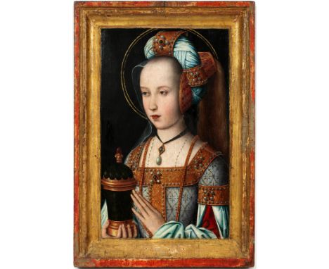 FLEMISH OLD MASTER OIL ON WOOD PANEL, C. 1550, H 10 1/4", W 6 1/2", "MARY OF BURGUNDY" Depicting a young lady holding a cover