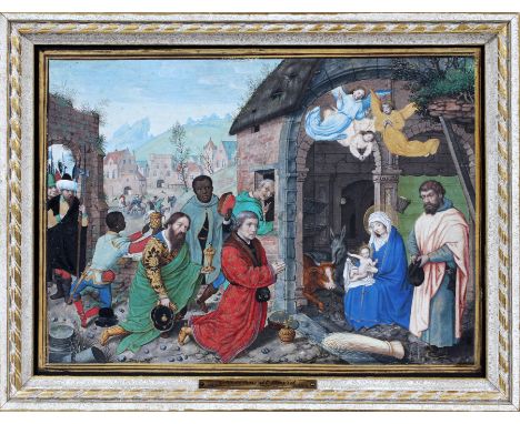 AFTER GHEERHARDT DAVID OF BRUGES, GOUACHE ON PAPER, C. 1680-1690, H 6 1/2", W 9", THE BIRTH OF CHRIST  Depicting Mary, Joseph