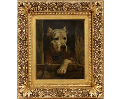 OIL ON  BEVELLED WOOD PANEL, C.1900, H 12", W 10", PORTRAIT OF A DOG Illegibly signed in the lower right corner (see photo de