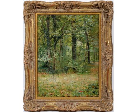 L. FANZI, OIL ON CANVAS, 1891, H 23", W 17" A forest scene.  Signed in the lower left corner and dated 1891.  In a carved woo