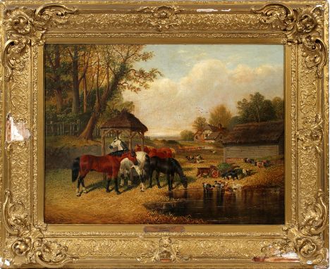 JOHN FREDERIC HERRING THE YOUNGER, OIL ON CANVAS, FARMYARD WITH HORSES AND ANIMALS, H 21", W 28" 21" x 28", framed, has goats